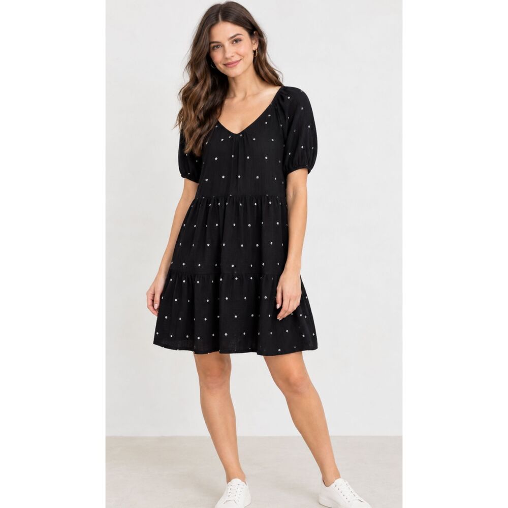 LOFT 2023 Dotted Tiered Double Scoop Neck Swing Dress Women's Size Small T
